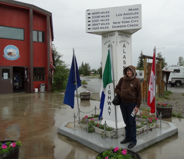 By comparison, me in front of the End of the Alaska Highway marker in Delta Junction, AK