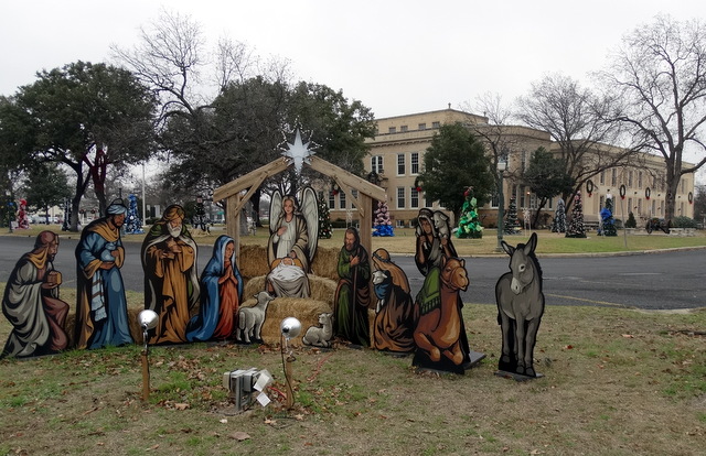 Nativity scene in front of the Kerrville courthouse.