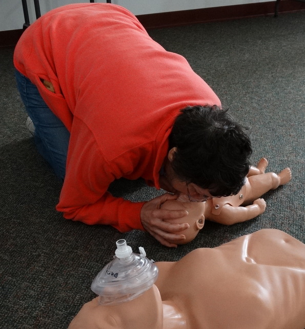 After giving CPR thirty times, breathe twice, but only enough to make the chest rise slightly.