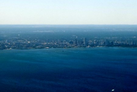 Flying into Milwaukee from over Lake Michigan.  We flew out over the water and circled around.