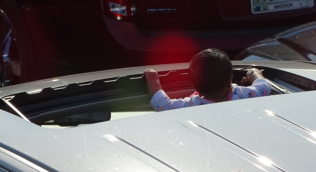 Someone inside this car lifted this adorable baby out the sun roof several times to have a look around!