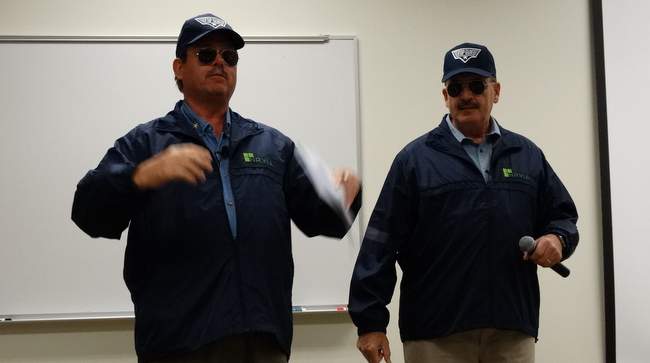 There was a video introduction based on the movie, Top Gun, and then Coop (on the left) and Steve Anderson (the head of Workamper News) came in looking like they were out of the movie.  Funny!