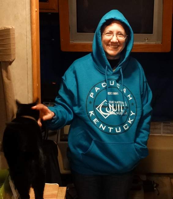 When we finished in the museum, we visited the gift shop.  Mark said I had to have a sweatshirt from there to wear while I'm quilting.  I modeled this when we got home.