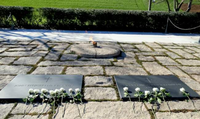 The eternal flame with John F Kennedy's grave on the left and Jacqueline Bouvier Kennedy Onassis' grave on the right.  There were also a couple small graves for two children that had died in infancy.