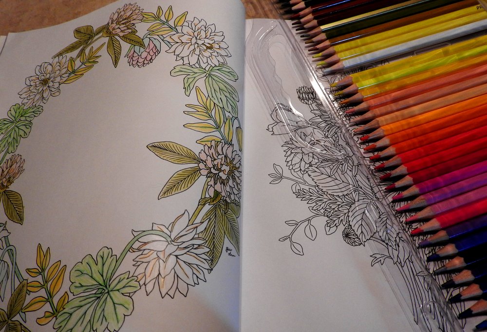 The first page of my new coloring book with the set of pencils Mark bought me!