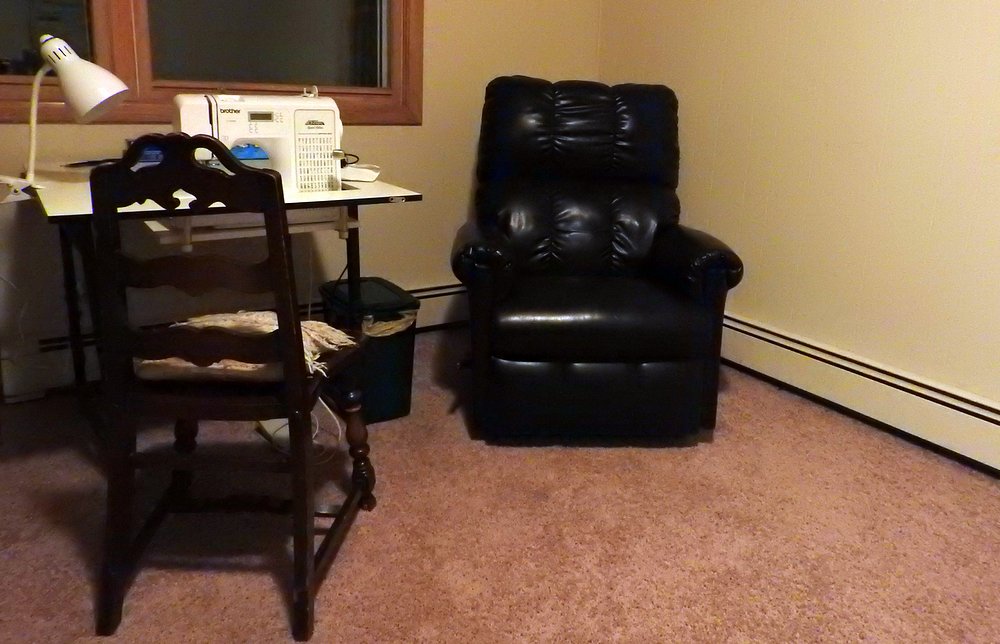 The recliner is brown so we put it in the guest room right next to my sewing machine.